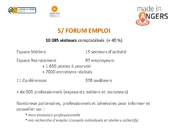 5/ FORUM EMPLOI 10 085 visiteurs comptabilisés (+ 40 %) Espace Métiers 15 secteurs