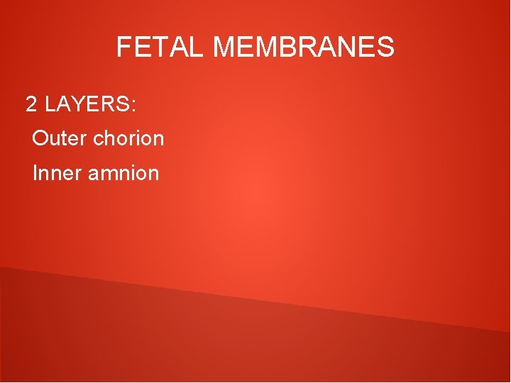 FETAL MEMBRANES 2 LAYERS: Outer chorion Inner amnion 