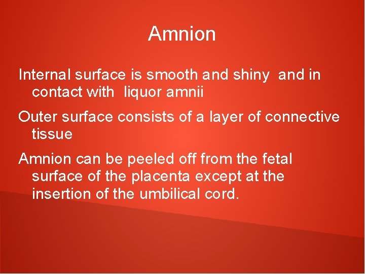 Amnion Internal surface is smooth and shiny and in contact with liquor amnii Outer