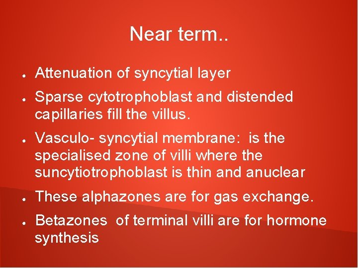 Near term. . ● ● ● Attenuation of syncytial layer Sparse cytotrophoblast and distended