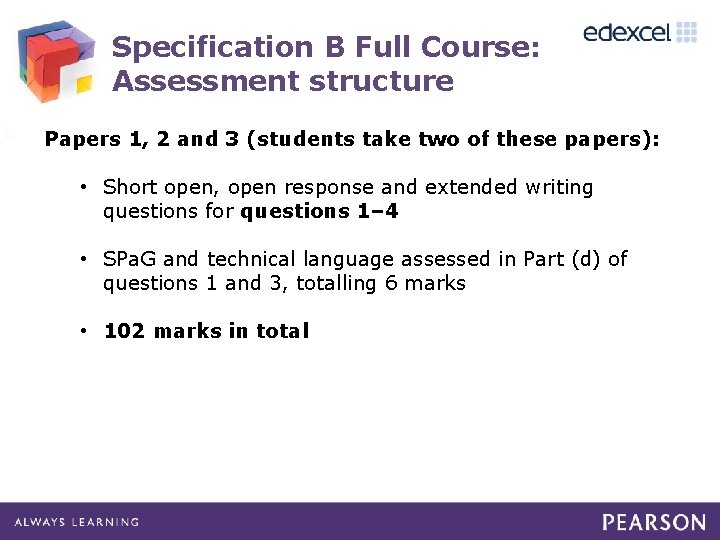 Specification B Full Course: Assessment structure Papers 1, 2 and 3 (students take two