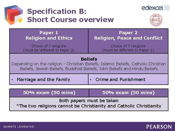 Specification B: Short Course overview Paper 1 Religion and Ethics Paper 2 Religion, Peace