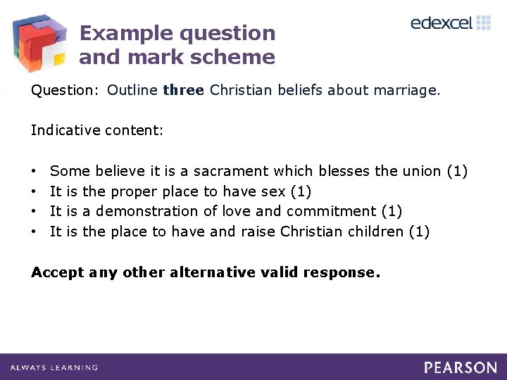 Example question and mark scheme Question: Outline three Christian beliefs about marriage. Indicative content: