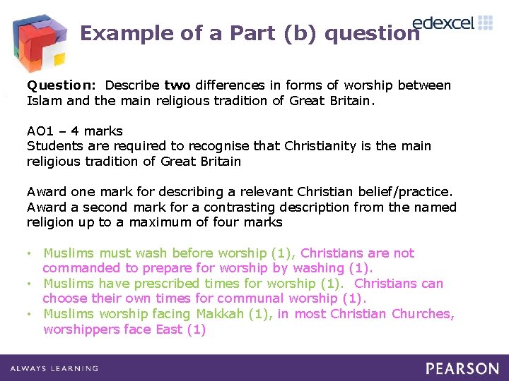 Example of a Part (b) question Question: Describe two differences in forms of worship