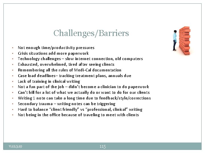Challenges/Barriers • • • • Not enough time/productivity pressures Crisis situations add more paperwork