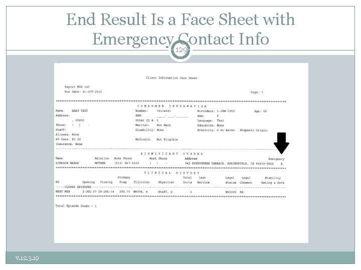 End Result Is a Face Sheet with Emergency Contact Info 129 v. 12. 3.