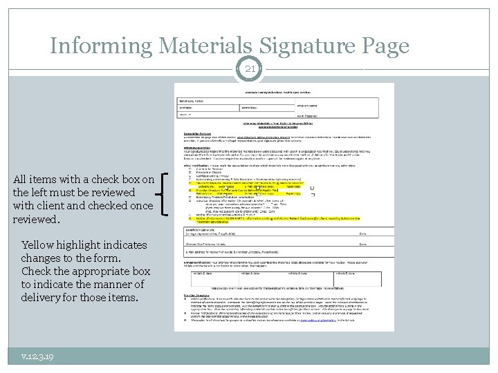 Informing Materials Signature Page 21 All items with a check box on the left