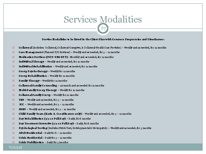 Services Modalities 87 Service Modalities to be listed in the Client Plan with Common