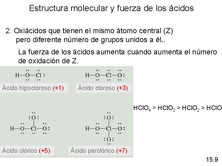 Estructura molecular y fuerza de los ácidos 2. Oxiácidos que tienen el mismo átomo