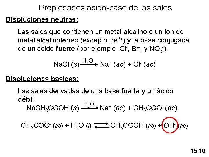 Propiedades ácido-base de las sales Disoluciones neutras: Las sales que contienen un metal alcalino