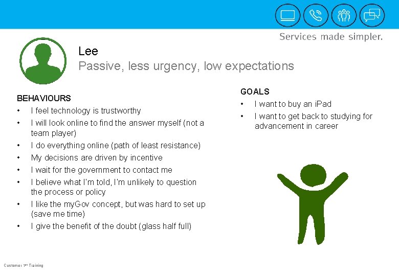 Lee Passive, less urgency, low expectations BEHAVIOURS • • I feel technology is trustworthy