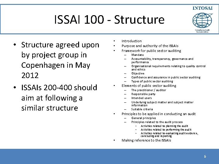 ISSAI 100 - Structure • Structure agreed upon by project group in Copenhagen in