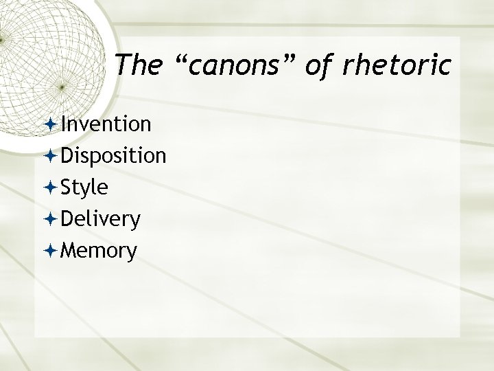 The “canons” of rhetoric Invention Disposition Style Delivery Memory 