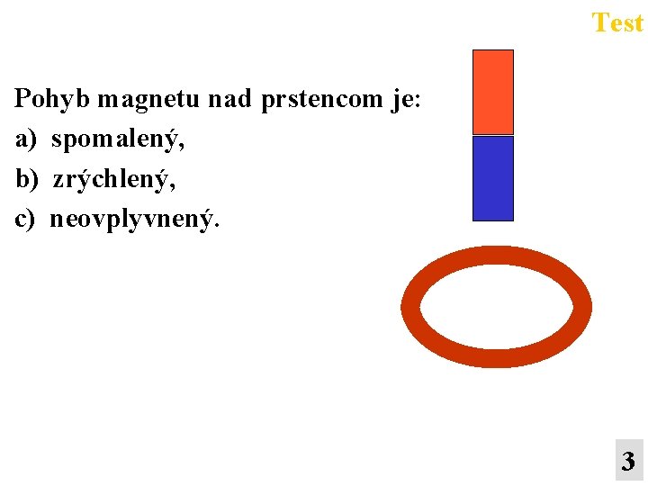 Test Pohyb magnetu nad prstencom je: a) spomalený, b) zrýchlený, c) neovplyvnený. 3 