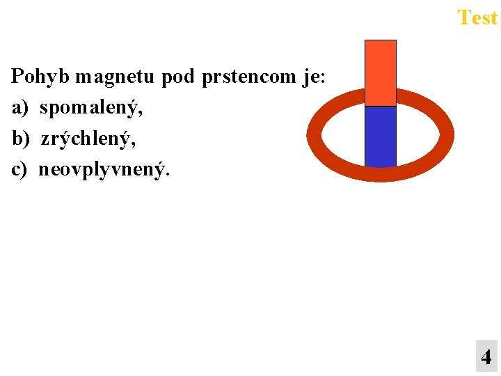 Test Pohyb magnetu pod prstencom je: a) spomalený, b) zrýchlený, c) neovplyvnený. 4 