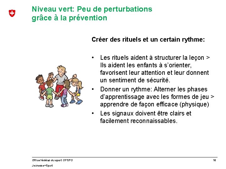 Niveau vert: Peu de perturbations grâce à la prévention Créer des rituels et un