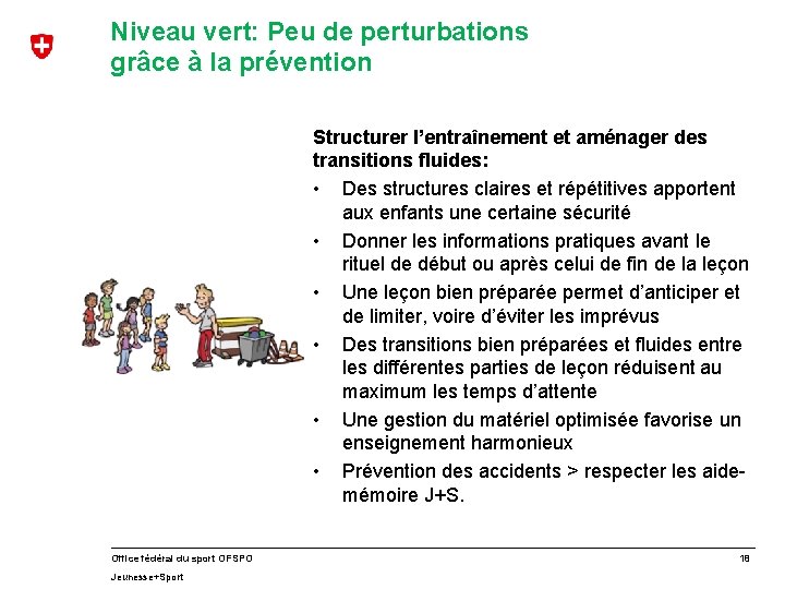 Niveau vert: Peu de perturbations grâce à la prévention Structurer l’entraînement et aménager des
