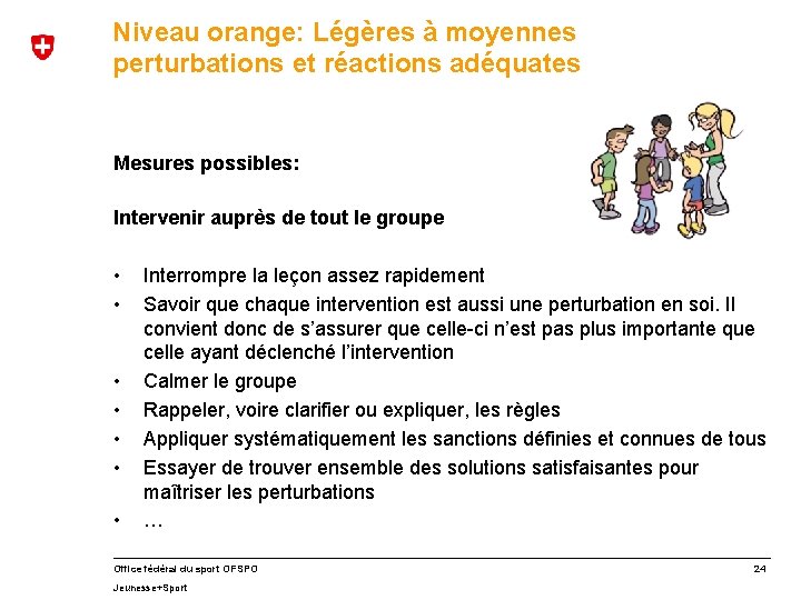 Niveau orange: Légères à moyennes perturbations et réactions adéquates Mesures possibles: Intervenir auprès de