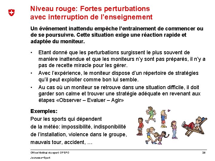 Niveau rouge: Fortes perturbations avec interruption de l’enseignement Un événement inattendu empêche l’entraînement de