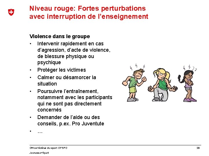 Niveau rouge: Fortes perturbations avec interruption de l’enseignement Violence dans le groupe • Intervenir