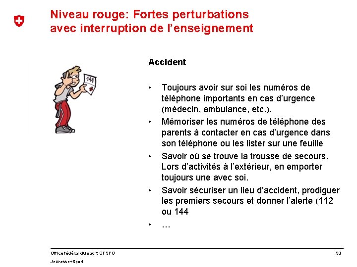 Niveau rouge: Fortes perturbations avec interruption de l’enseignement Accident • • • Office fédéral