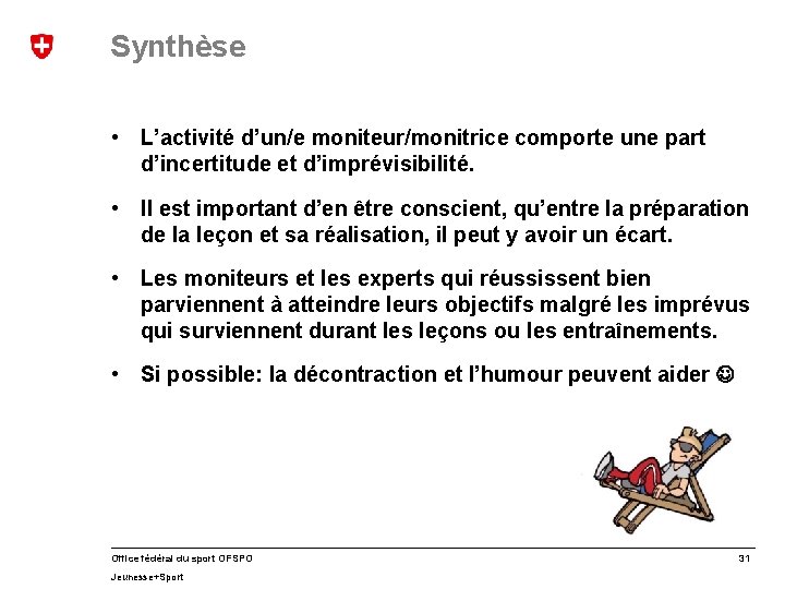 Synthèse • L’activité d’un/e moniteur/monitrice comporte une part d’incertitude et d’imprévisibilité. • Il est