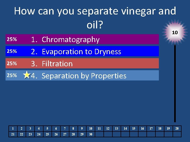 How can you separate vinegar and oil? 10 1. 2. 3. 4. Chromatography Evaporation