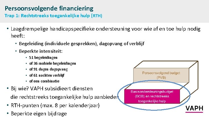 Persoonsvolgende financiering Trap 1: Rechtstreeks toegankelijke hulp (RTH) • Laagdrempelige handicapspecifieke ondersteuning voor wie