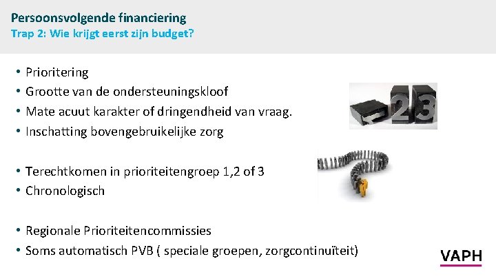 Persoonsvolgende financiering Trap 2: Wie krijgt eerst zijn budget? • • Prioritering Grootte van