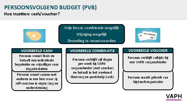 PERSOONSVOLGEND BUDGET (PVB) Hoe inzetten: cash/voucher? Vrije keuze, combinatie mogelijk Wijziging mogelijk Besteding te