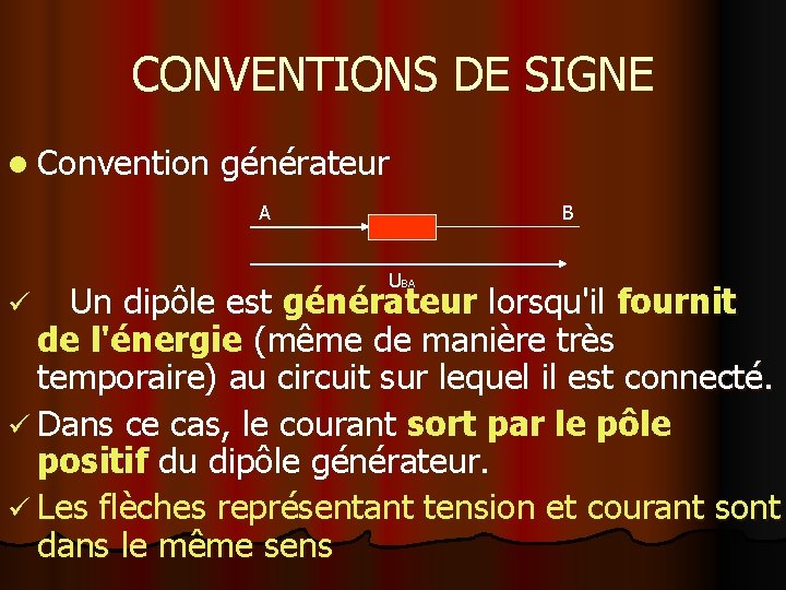 CONVENTIONS DE SIGNE l Convention générateur A B UBA ü Un dipôle est générateur