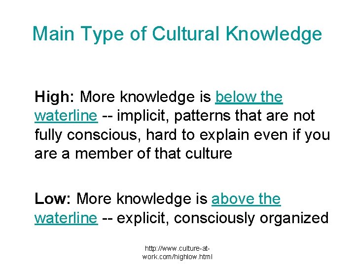 Main Type of Cultural Knowledge High: More knowledge is below the waterline -- implicit,