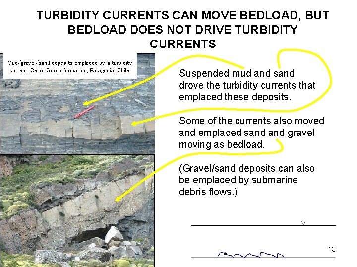 TURBIDITY CURRENTS CAN MOVE BEDLOAD, BUT BEDLOAD DOES NOT DRIVE TURBIDITY CURRENTS Mud/gravel/sand deposits