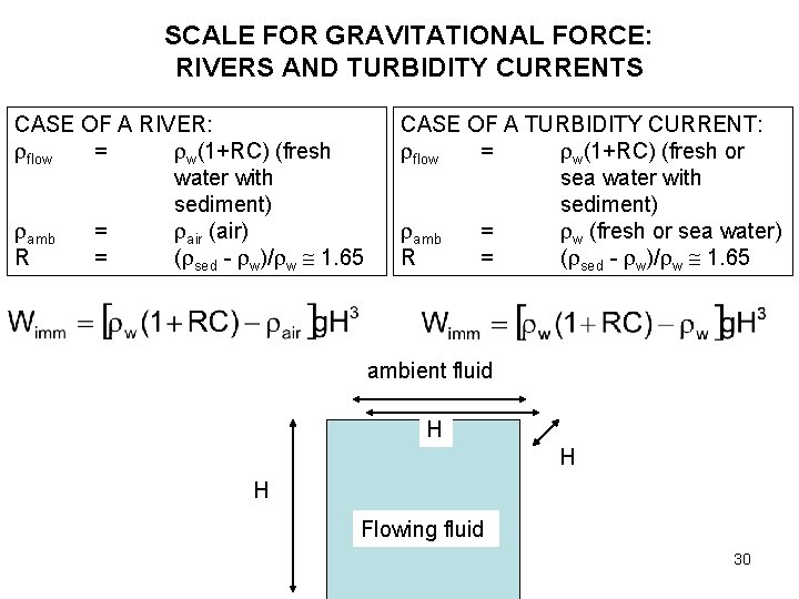 SCALE FOR GRAVITATIONAL FORCE: RIVERS AND TURBIDITY CURRENTS CASE OF A RIVER: flow =