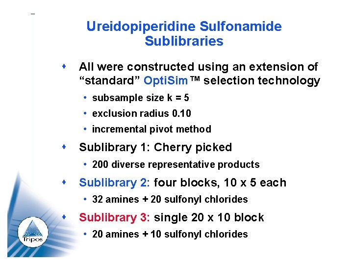 Ureidopiperidine Sulfonamide Sublibraries All were constructed using an extension of “standard” Opti. Sim™ selection