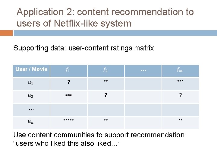Application 2: content recommendation to users of Netflix-like system Supporting data: user-content ratings matrix