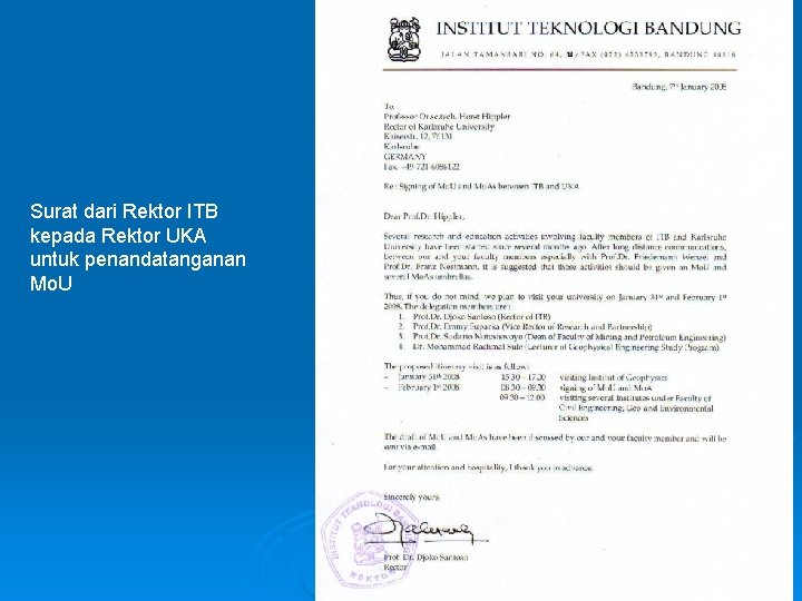 Surat dari Rektor ITB kepada Rektor UKA untuk penandatanganan Mo. U 