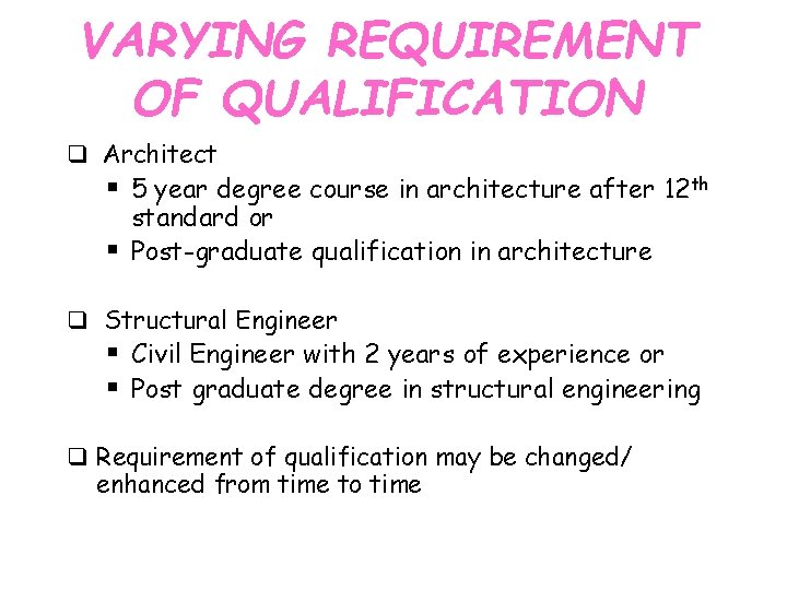 VARYING REQUIREMENT OF QUALIFICATION q Architect § 5 year degree course in architecture after