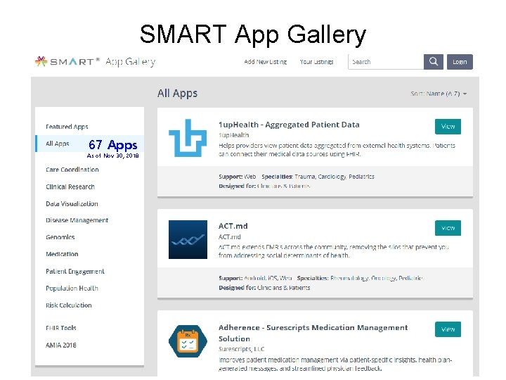 SMART App Gallery 67 Apps As of Nov 30, 2018 