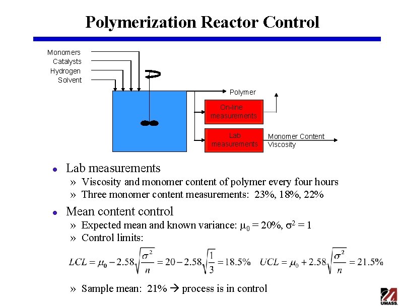 Polymerization Reactor Control Monomers Catalysts Hydrogen Solvent Polymer On-line measurements Lab measurements l Monomer