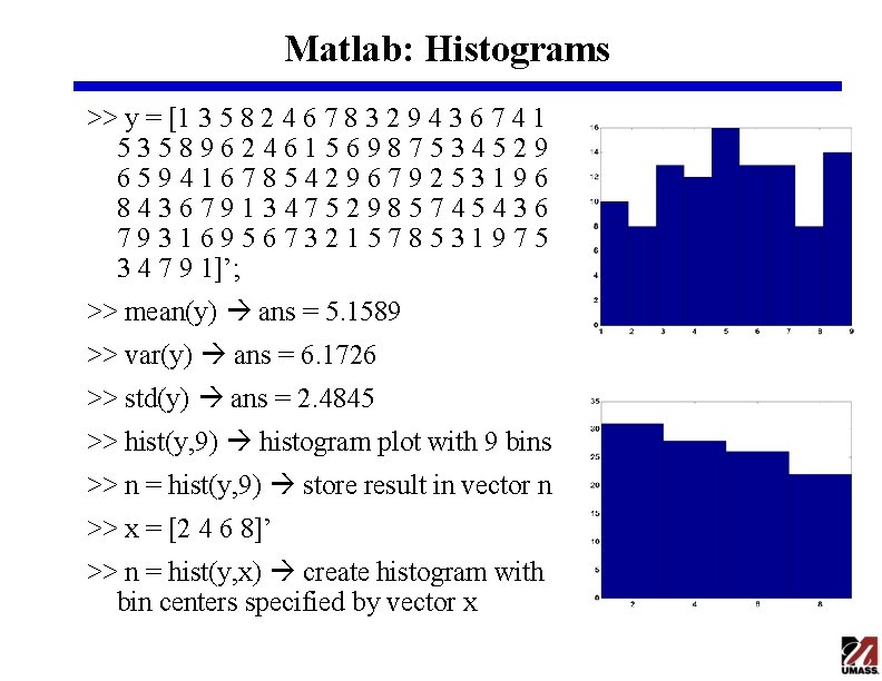 Matlab: Histograms >> y = [1 3 5 8 2 4 6 7 8