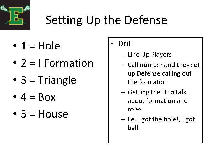 Setting Up the Defense • • • 1 = Hole 2 = I Formation