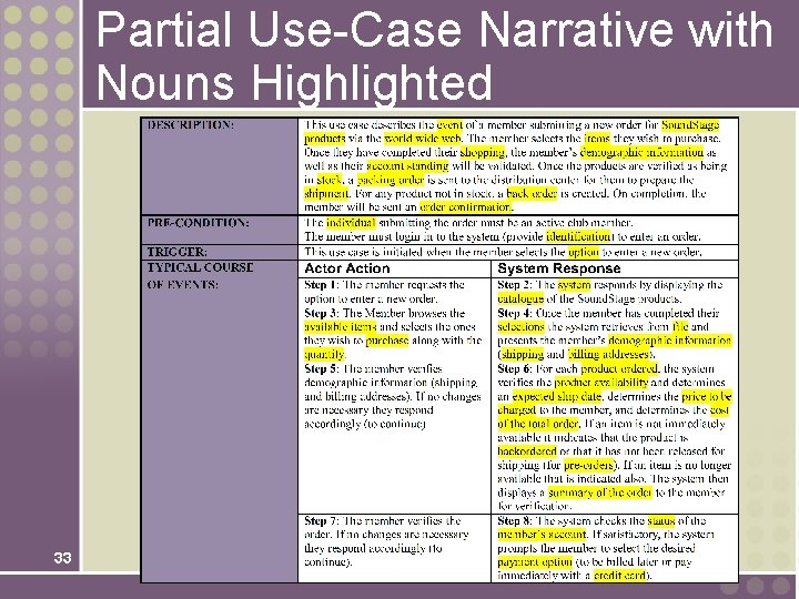 Partial Use-Case Narrative with Nouns Highlighted 33 