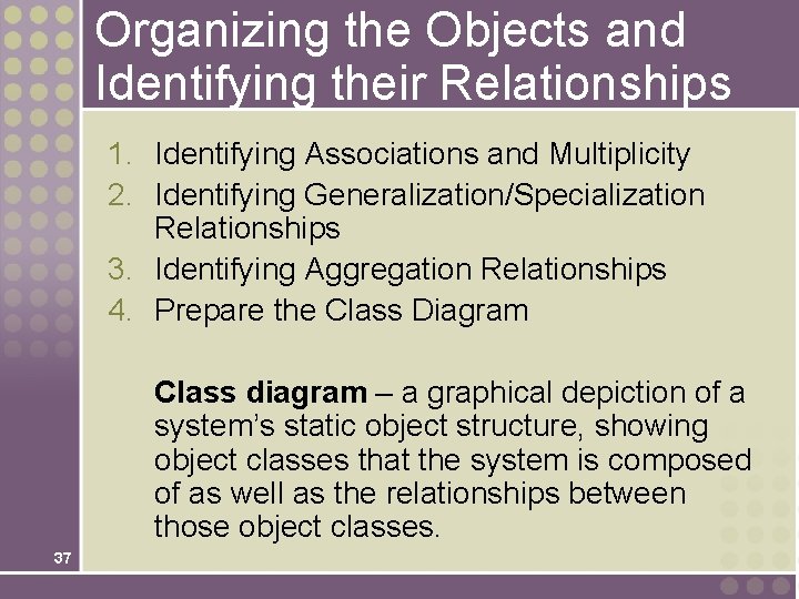 Organizing the Objects and Identifying their Relationships 1. Identifying Associations and Multiplicity 2. Identifying