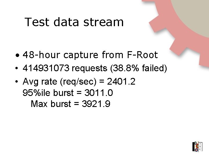 Test data stream • 48 -hour capture from F-Root • 414931073 requests (38. 8%