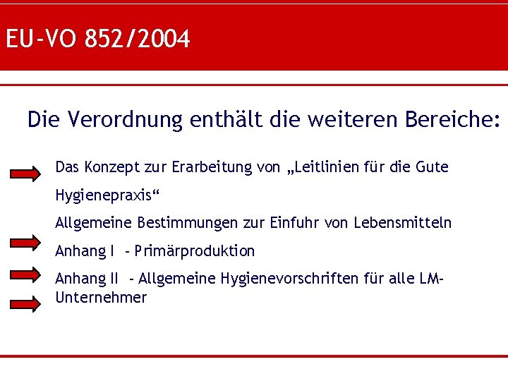 EU-VO 852/2004 Die Verordnung enthält die weiteren Bereiche: Das Konzept zur Erarbeitung von „Leitlinien