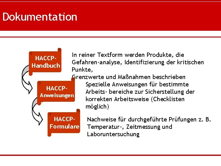 Dokumentation In reiner Textform werden Produkte, die Gefahren-analyse, Identifizierung der kritischen Punkte, Grenzwerte und