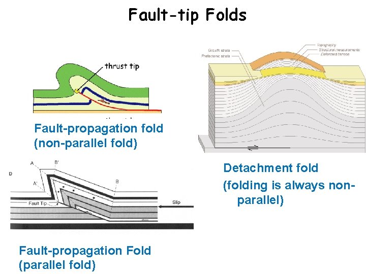 Fault-tip Folds Fault-propagation fold (non-parallel fold) Detachment fold (folding is always nonparallel) Fault-propagation Fold