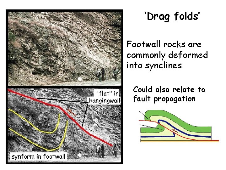 ‘Drag folds’ Footwall rocks are commonly deformed into synclines Could also relate to fault