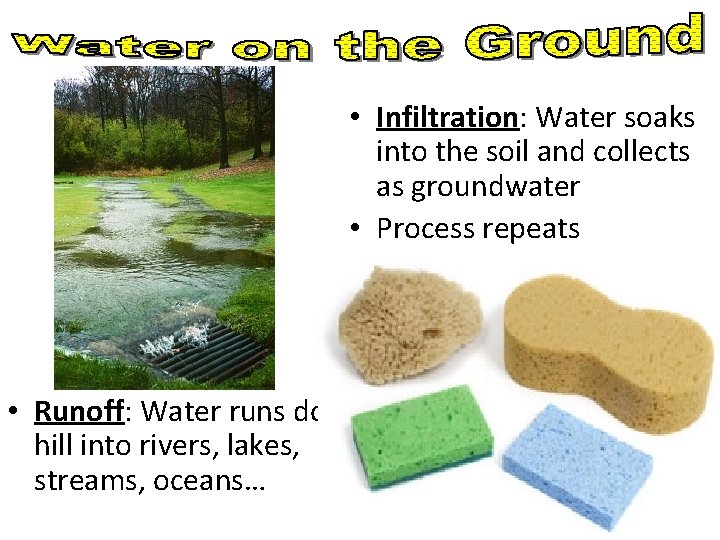  • Infiltration: Water soaks into the soil and collects as groundwater • Process